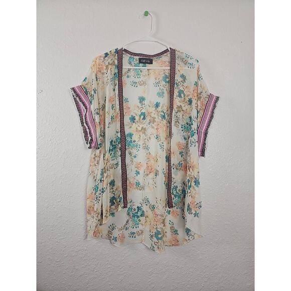 Fab Rik Womens Floral Short Sleeve Kimono Open Front Multicolored L - Picture 1 of 5